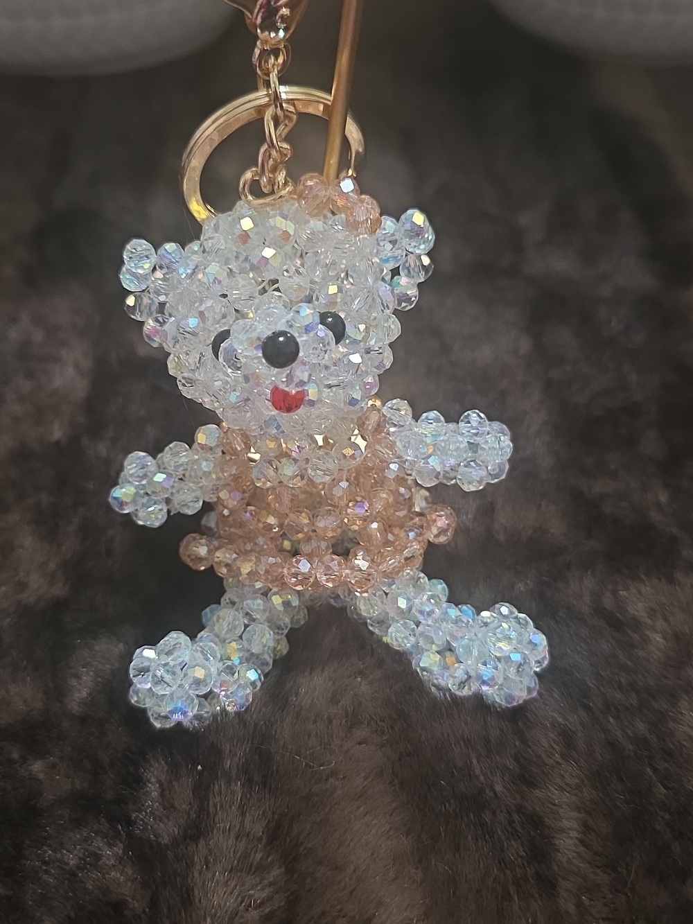 Beaded Teddy Bear Keychain - Pink and Iridescent - Picture 2 of 5